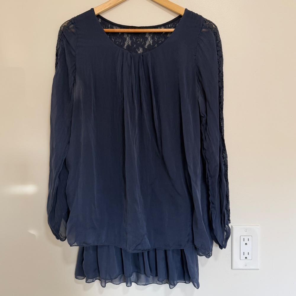 Carla Conti Silk Lace Trim Layered Blouse Women M Navy Blue Italy Romantic